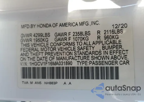2021 Honda Accord Lx from USA, damaged, VIN 1HGCV1F16MA031890